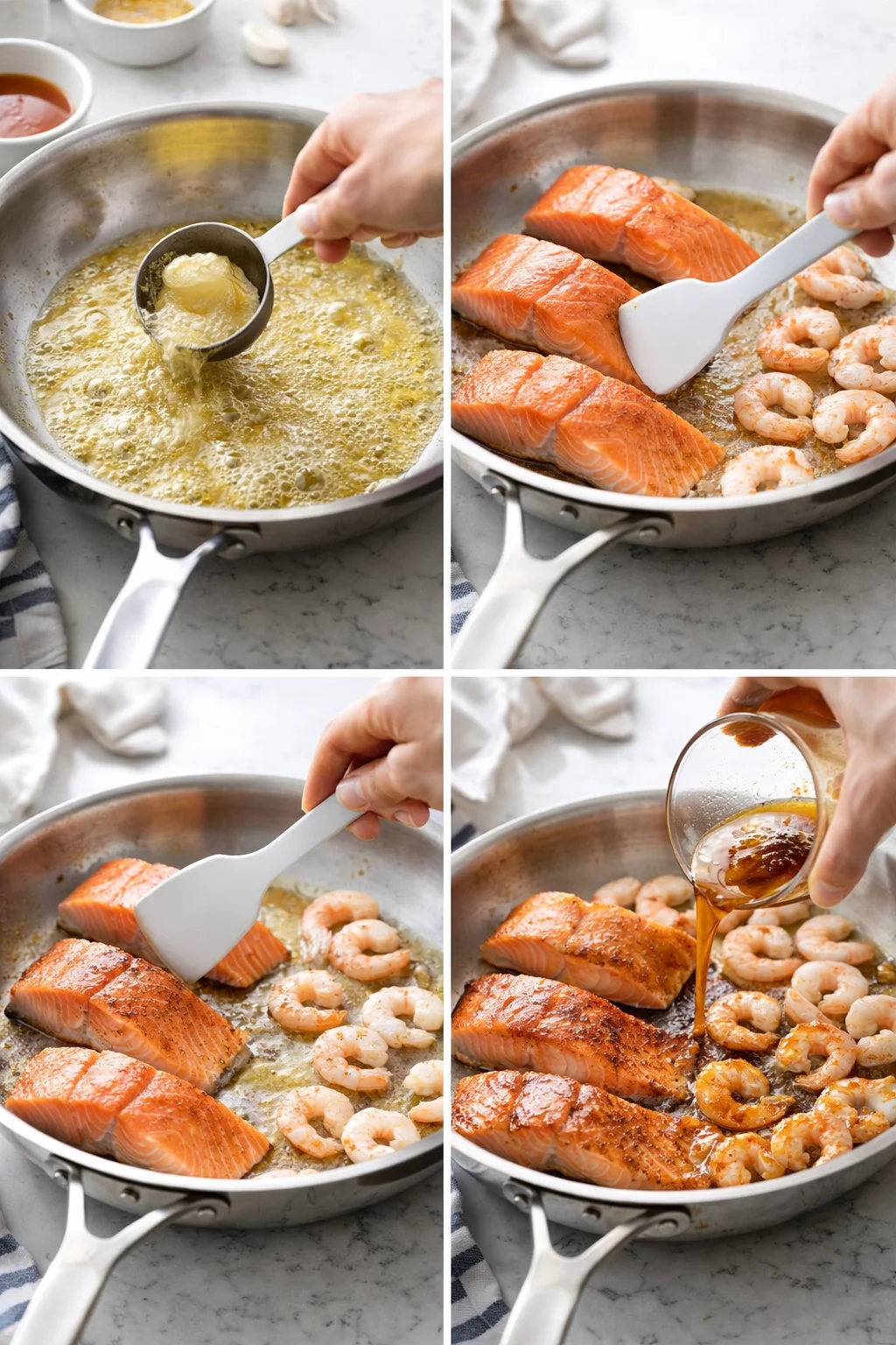 collage showing salmon fillets and shrimp cooking in a butter sauce in a stainless skillet.