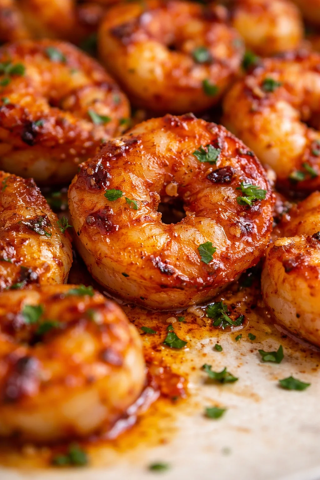 Close-up of glossy orange-glazed ring-shaped savory bites garnished with parsley