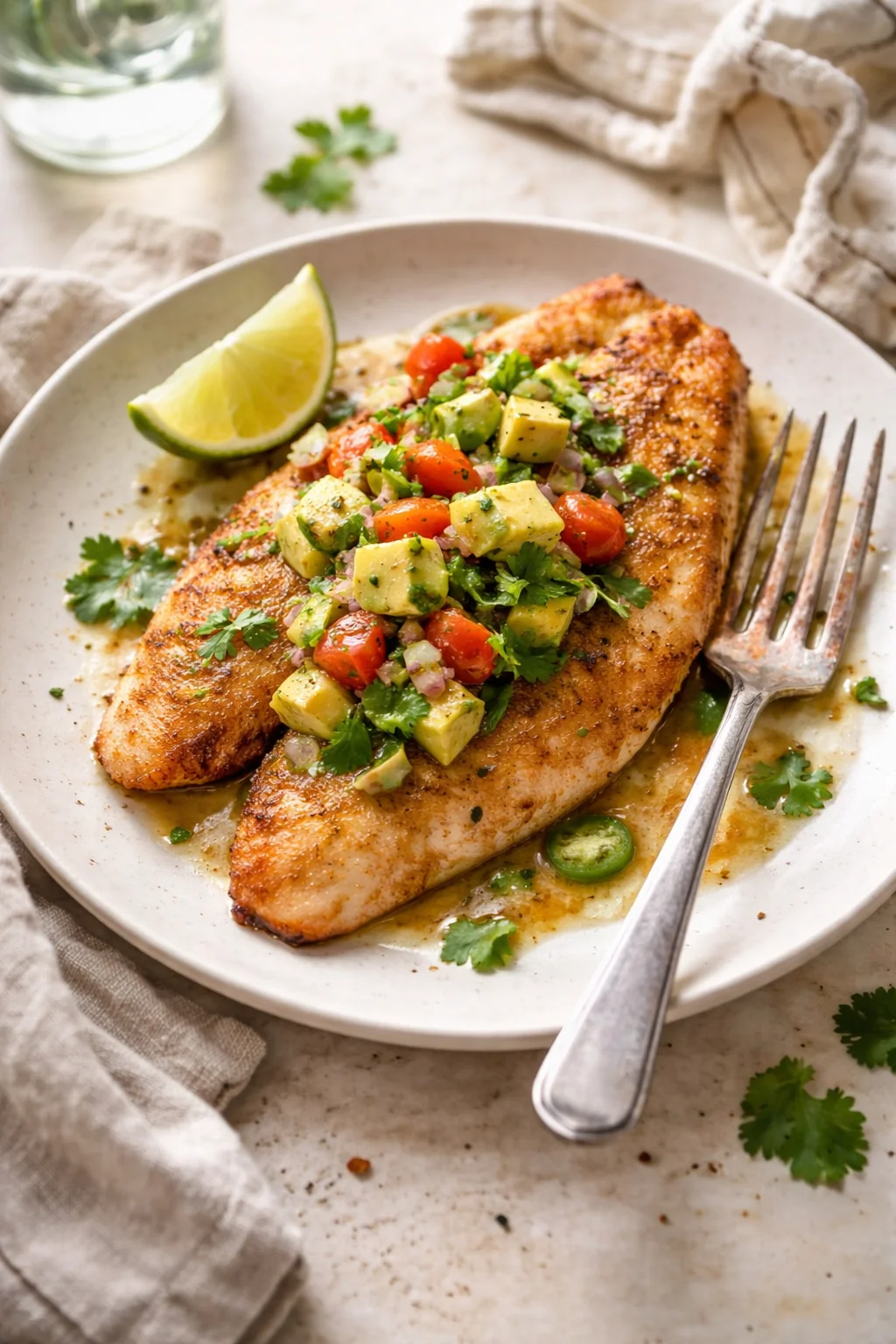Golden-brown seared fish fillet topped with avocado-tomato relish on a white plate.