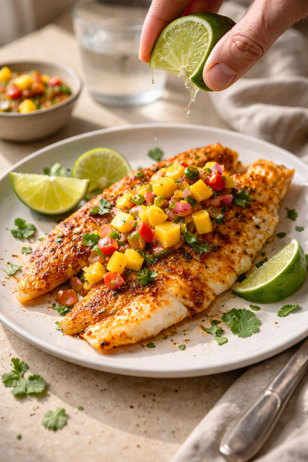 Seared fish fillets on a plate topped with mango salsa and lime wedges nearby.