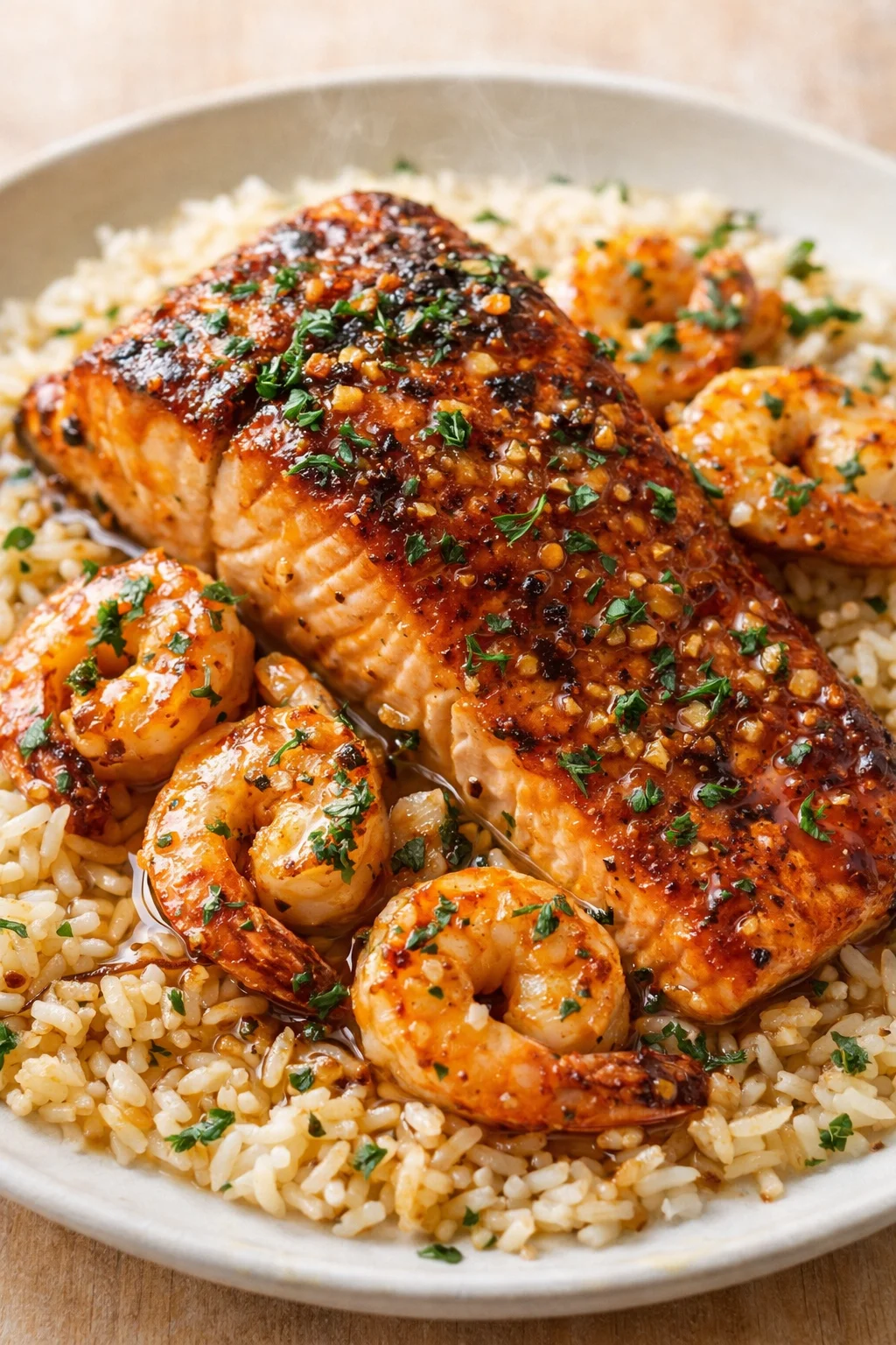 salmon fillet with garlic-herb shrimp on a bed of rice