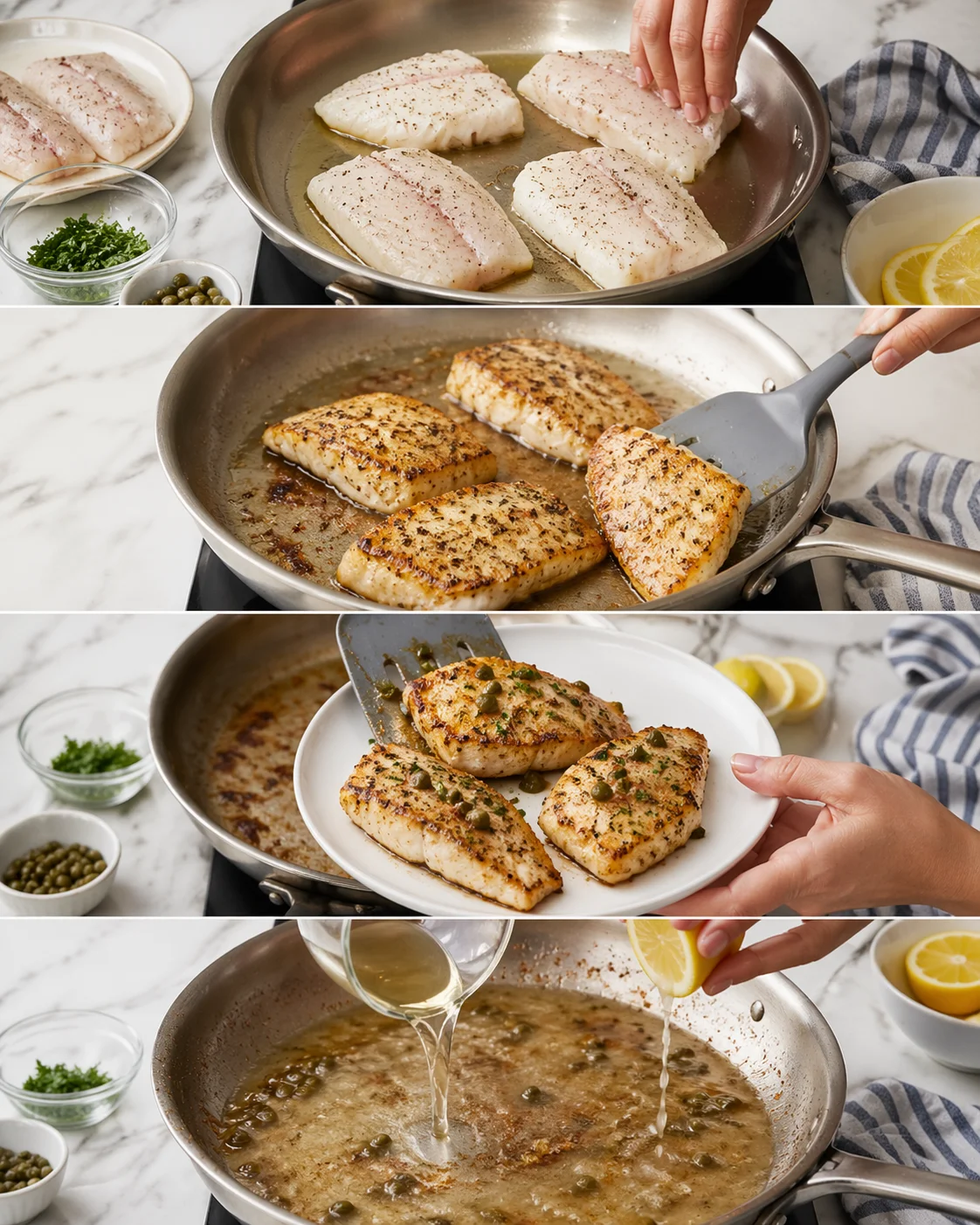collage of white fish fillets at different cooking stages: raw in pan, seared, plated, with lemon and caper sauce.