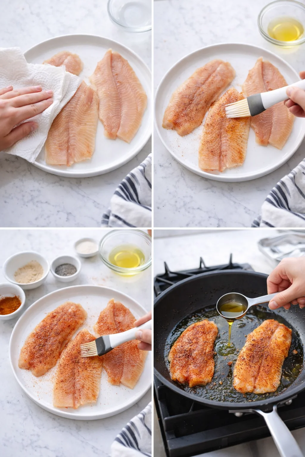 four raw fish fillets on a white plate being seasoned with spices and oil in a bright kitchen