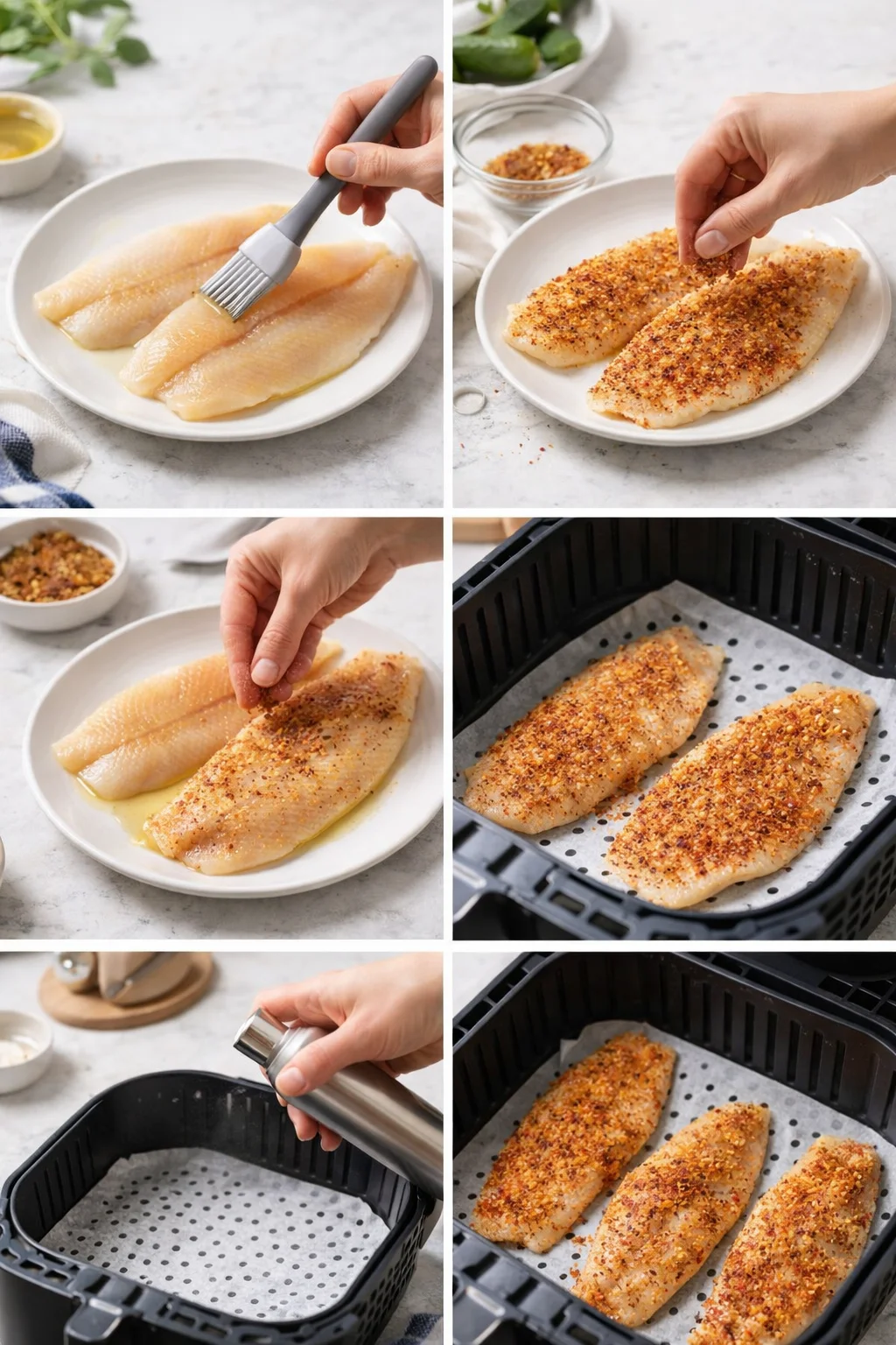 Raw fish fillets on a plate being oiled, seasoned, then placed in an air fryer.