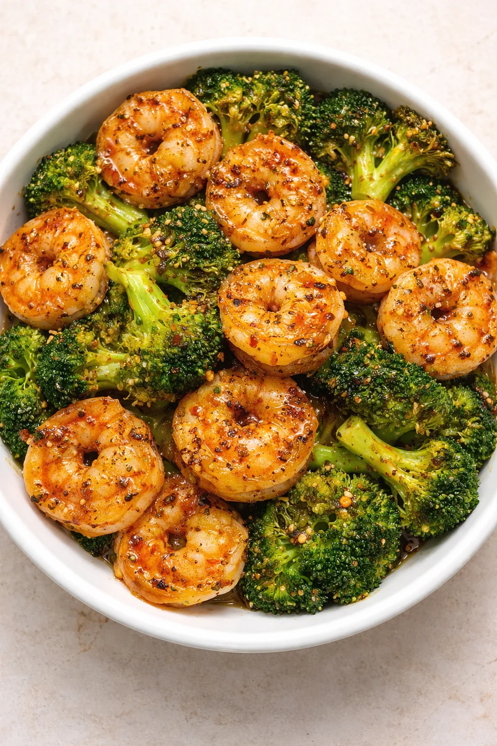 white bowl filled with sesame-glazed shrimp atop bright broccoli florets, glossy and savory.