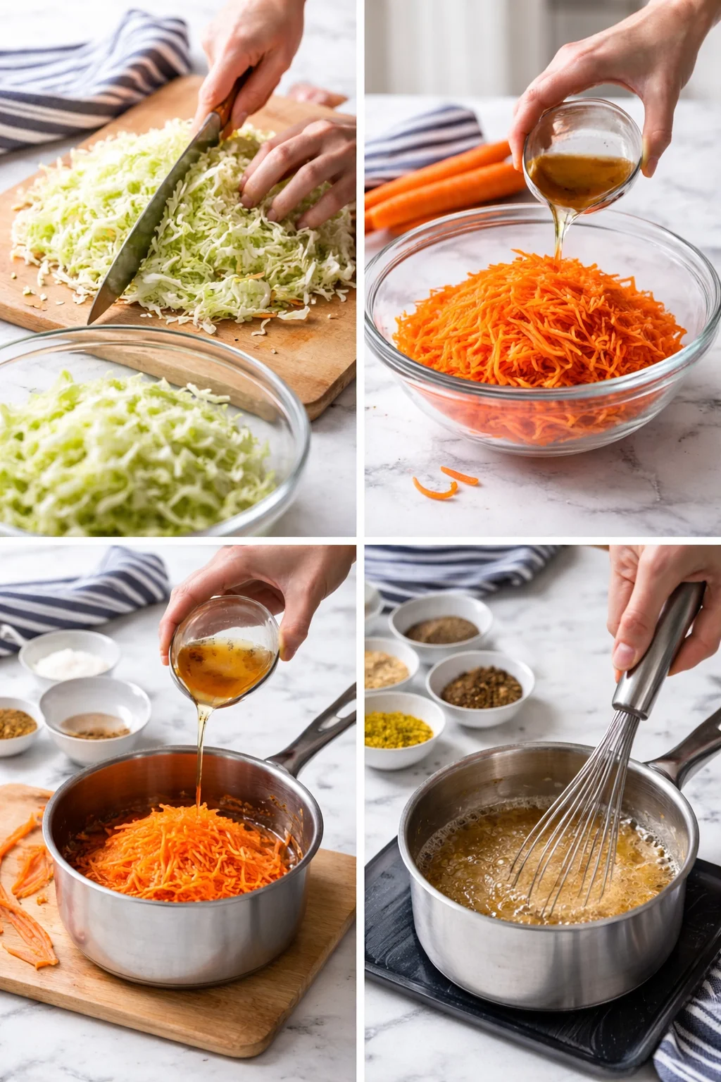 collage showing shredded cabbage on a cutting board, carrot slaw in a bowl, dressing being poured, and whisking sauce.