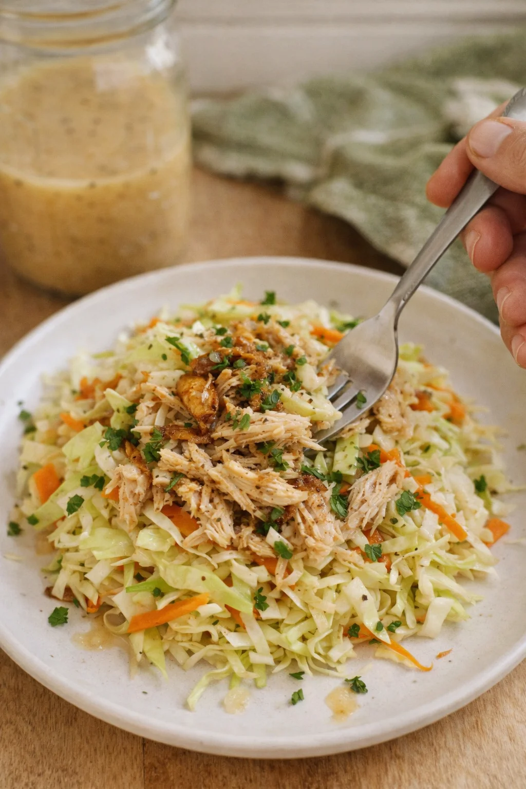 Plate of shredded chicken over cabbage and carrot slaw, garnished with parsley; fork poised.