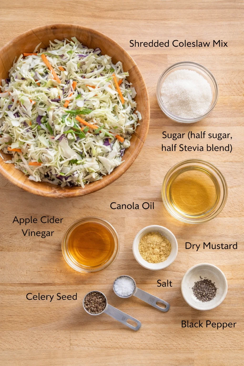 top-down view of shredded coleslaw in a wooden bowl with labeled ingredients on a wooden surface