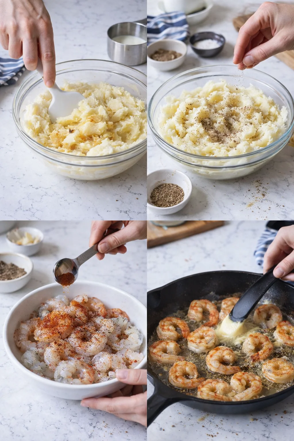 collage of mashed potatoes being prepared, seasoning being added, shrimp in a bowl, and shrimp frying in a skillet.