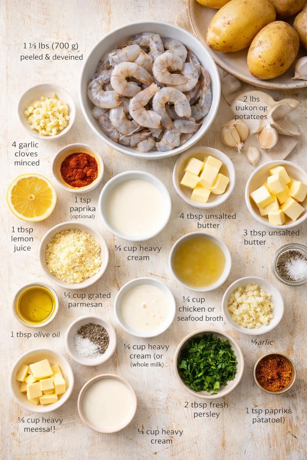 Overhead view of shrimp and ingredients arranged in bowls with lemon, garlic, butter, cream, and herbs.