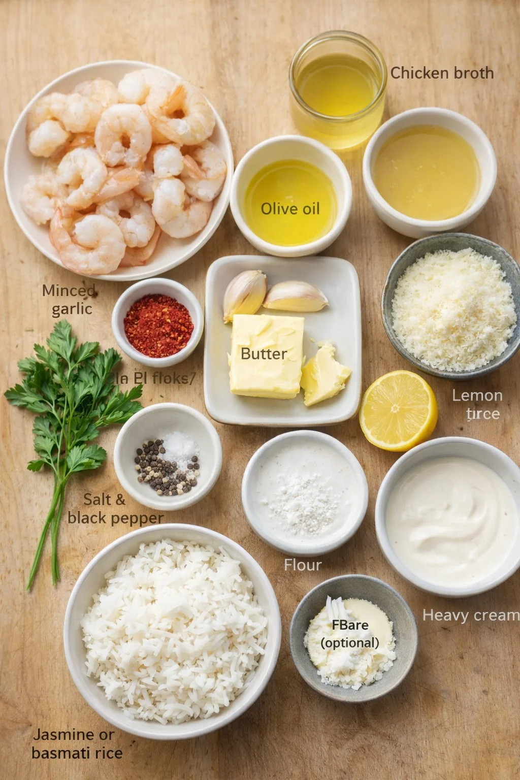 Overhead shot of shrimp, butter, garlic, rice, lemon, and oils arranged on a wooden surface.