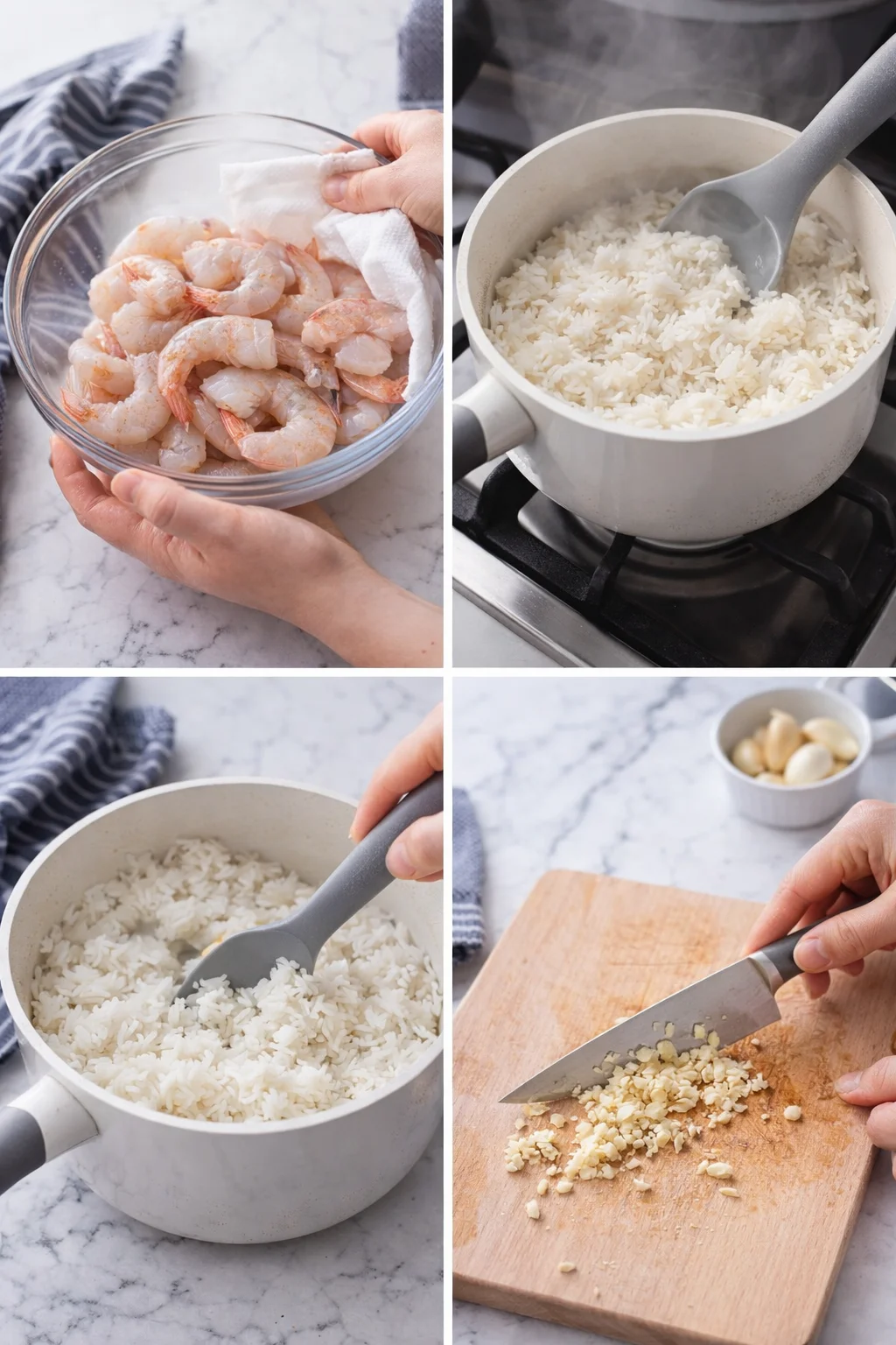 four-panel collage: shrimp in bowl, rice boiling, stirring rice, minced garlic on cutting board