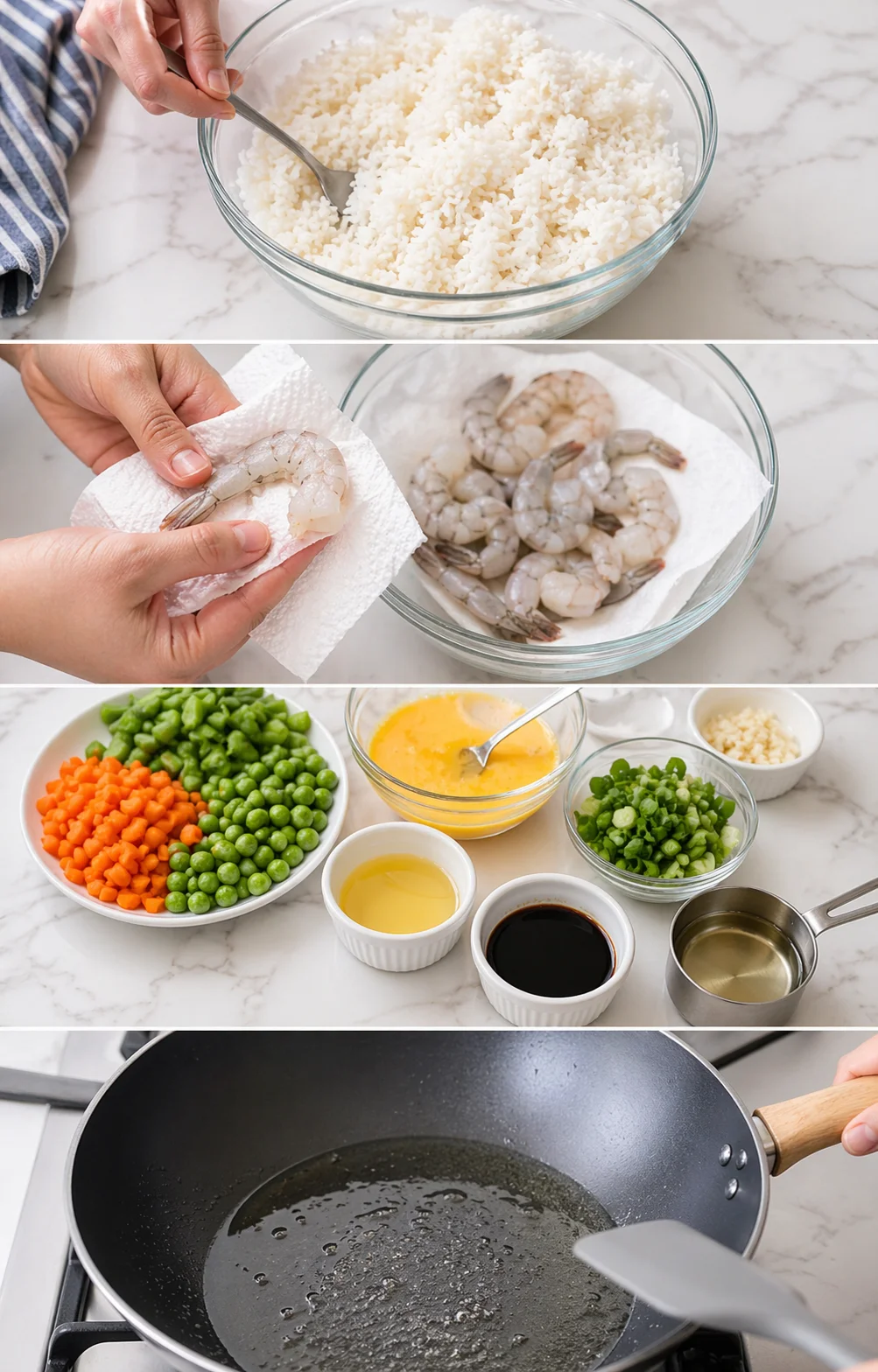 Four-panel collage of cooking steps: rice, peeled shrimp, vegetable prep, and a pan heating oil.
