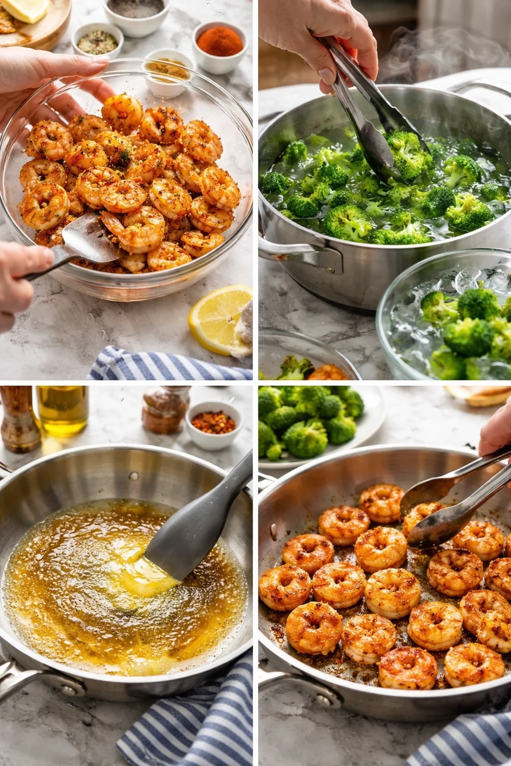 Four-panel collage showing shrimp with glaze, broccoli steaming, browning butter, and shrimp sautéing in a pan.