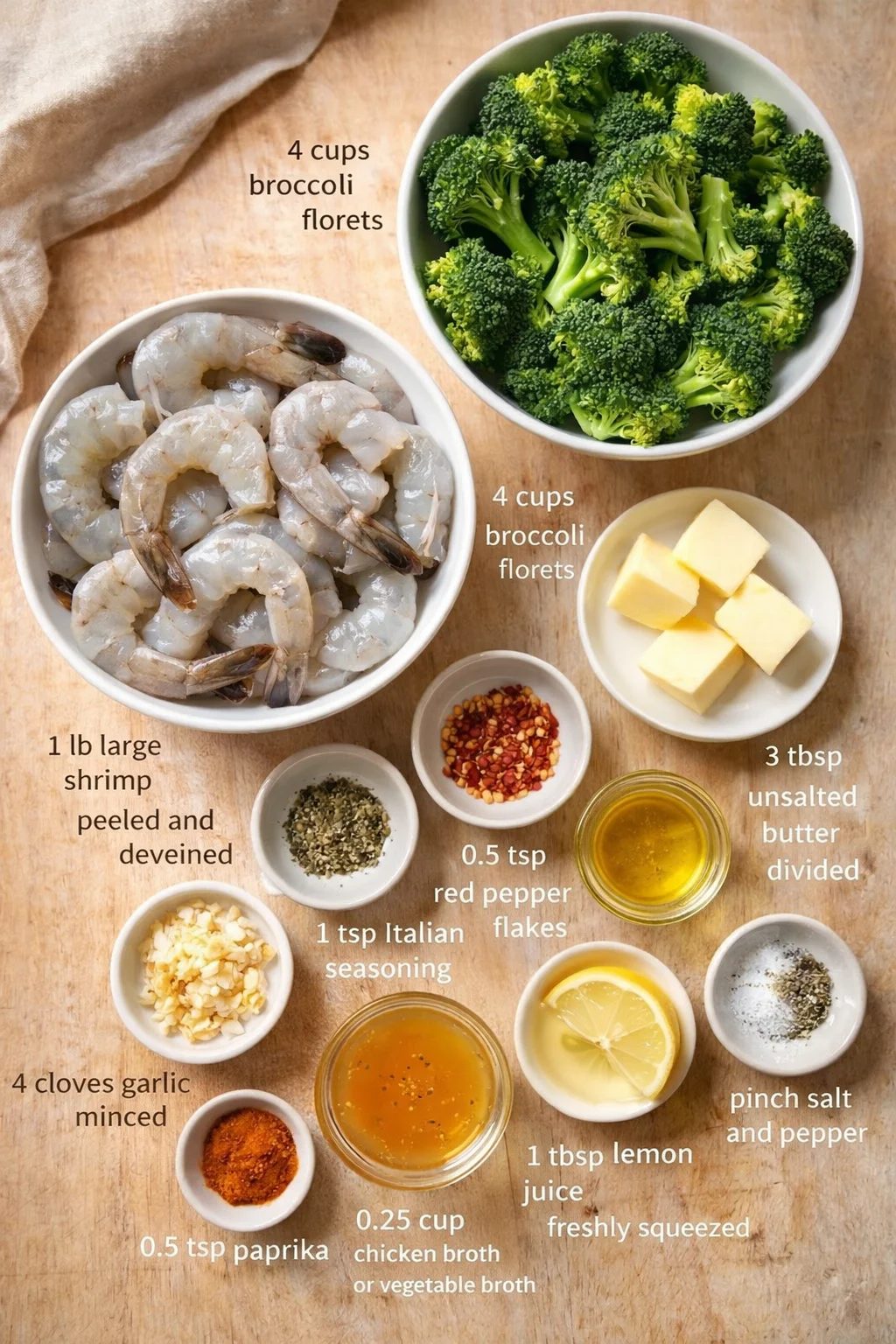 Overhead shot of ingredients for a recipe: shrimp, broccoli florets, butter, lemon, spices, oils on wooden board.