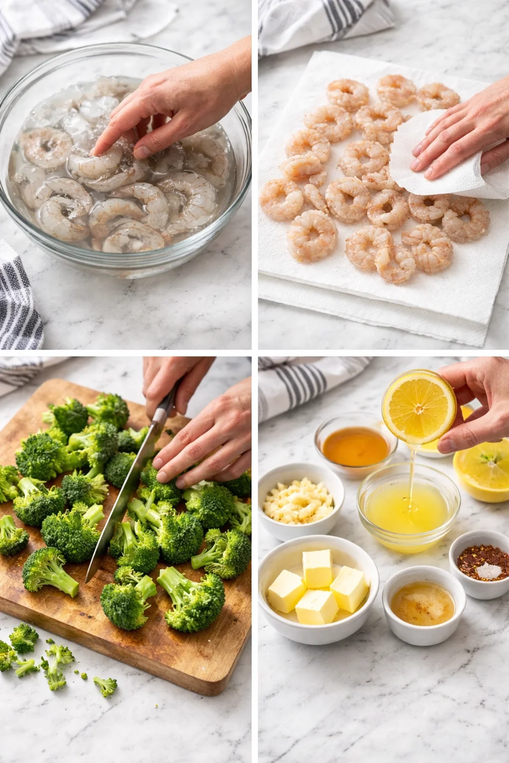 collage showing shrimp soaking, drying, broccoli being chopped, and lemon-butter ingredients on a marble countertop