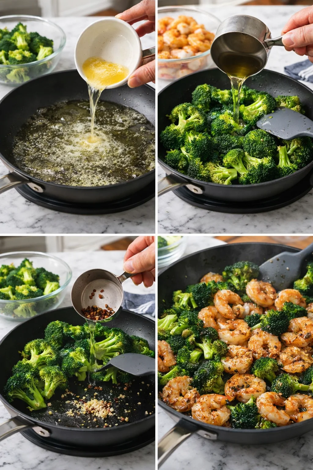 collage showing broccoli florets sautéed in a hot pan with butter, then shrimp added