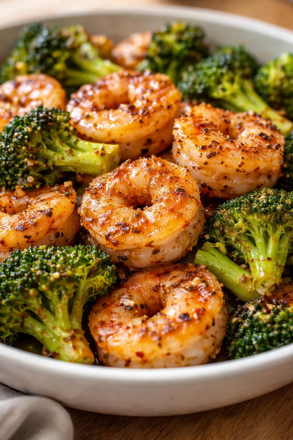 Shrimp and broccoli in a white skillet, golden-seared and seasoned.