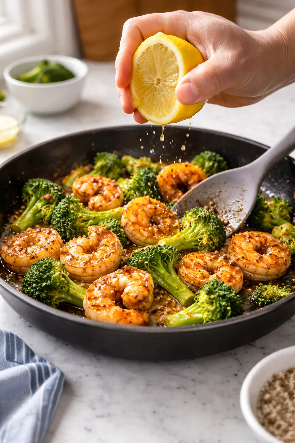 hand squeezing a lemon over a skillet of shrimp and broccoli in a glossy sauce