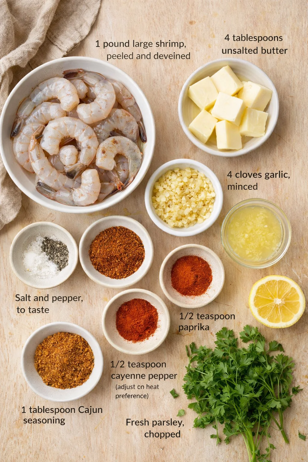 top-down view of shrimp, butter cubes, garlic, lemon, parsley, and spices arranged on a wooden board