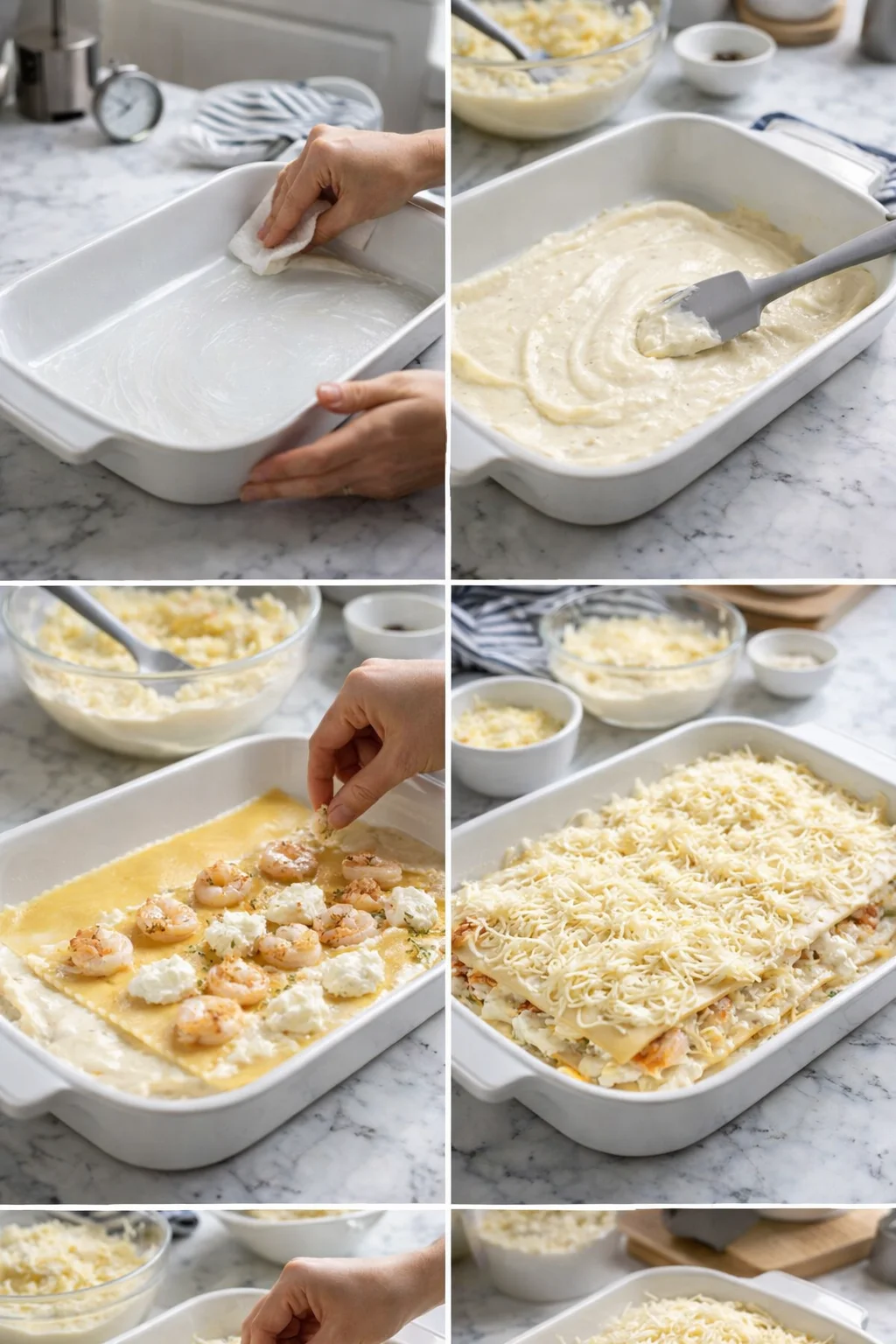 Collage showing cleaning a baking dish, spreading batter, adding shrimp, and topping with cheese for a layered bake.