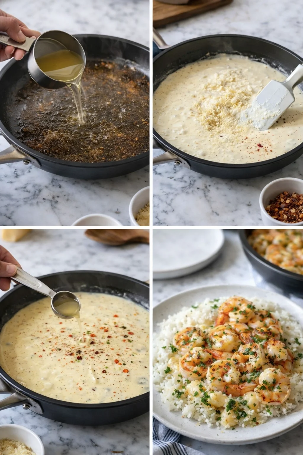 Collage showing four cooking steps: pouring broth into a skillet, creamy sauce with cheese, seasoning, and plated shrimp over rice.