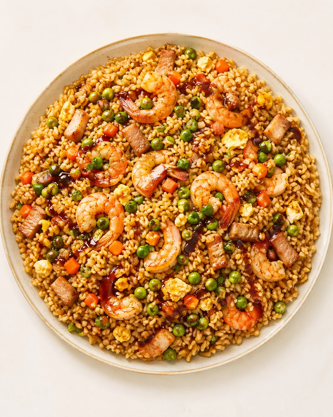 plate of shrimp fried rice with peas, carrots, eggs, and pork chunks on a beige plate