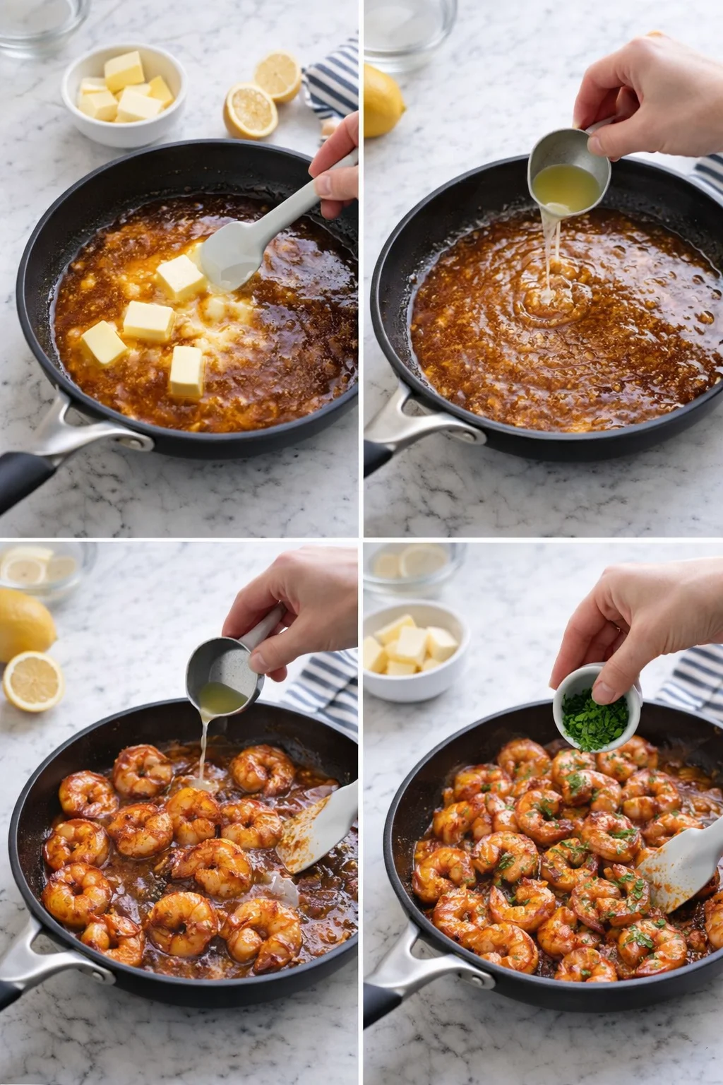 collage of a skillet with butter cubes, lemon halves, and shrimp cooking in brown butter sauce