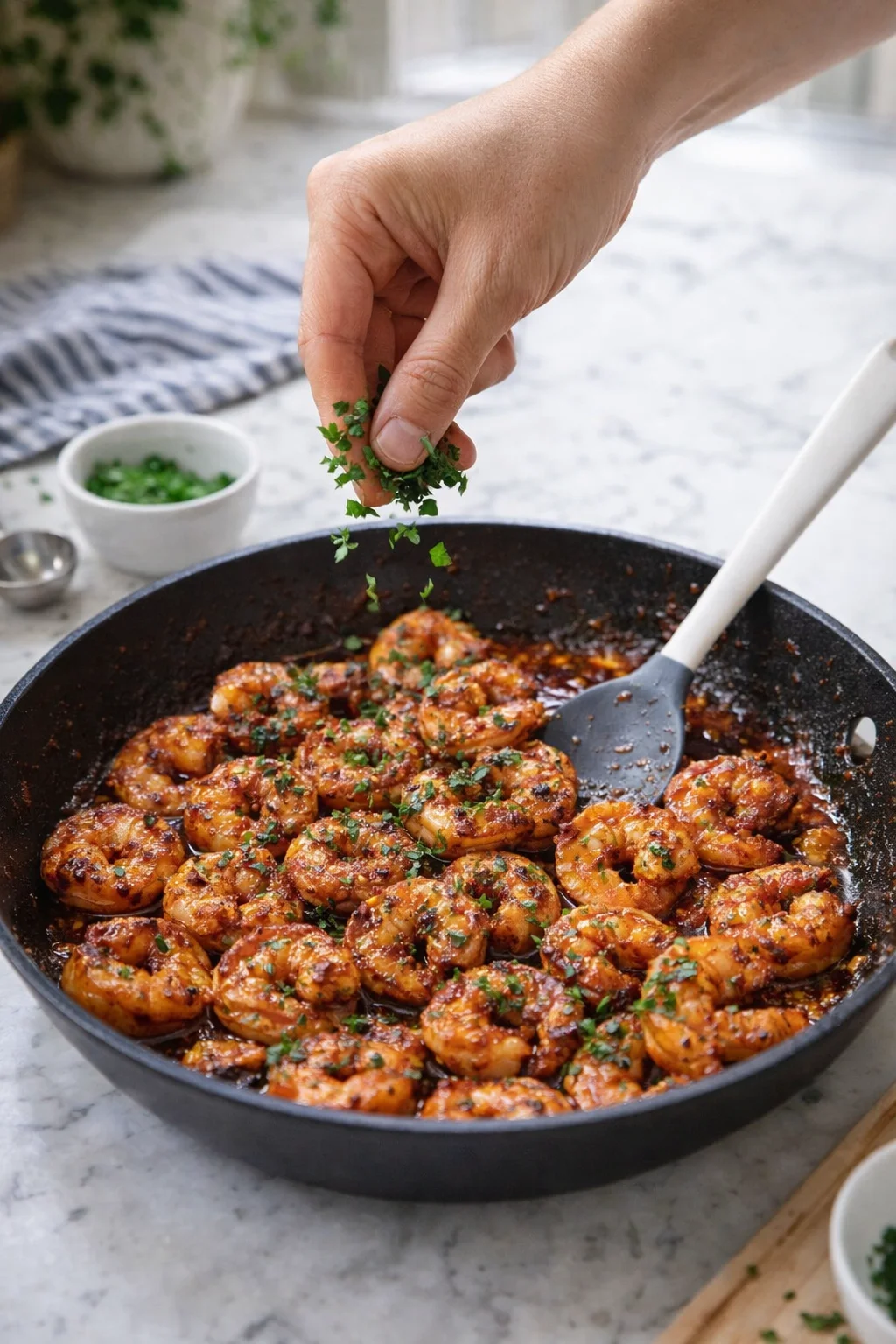 hand sprinkling chopped parsley over glazed shrimp in a black skillet on a marble counter