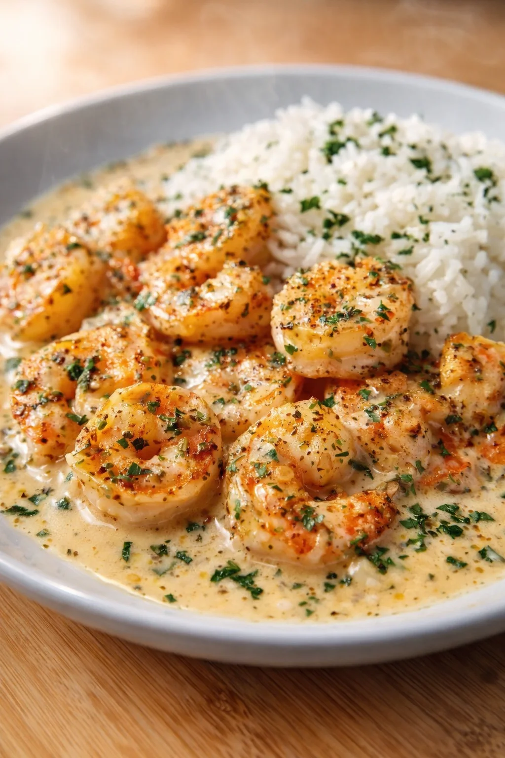 shrimp in creamy garlic sauce with herbed rice on a gray plate