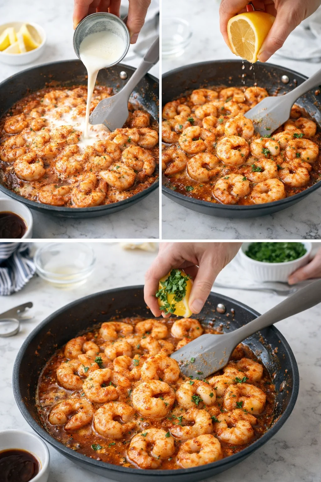 three-panel collage of shrimp in creamy tomato sauce with lemon and parsley