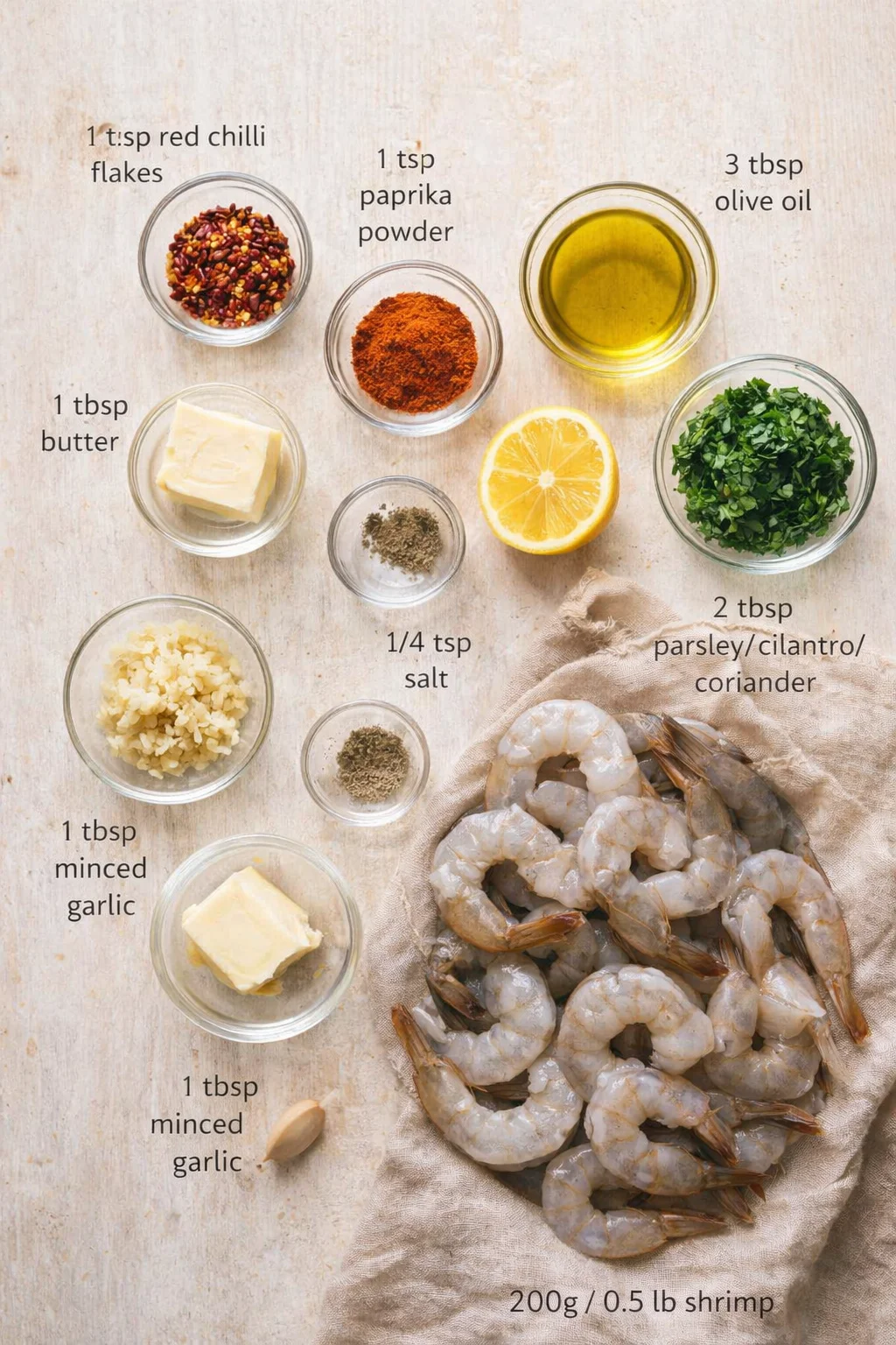 flat lay of raw shrimp with bowls of spices, oil, lemon and herbs on a light textured surface