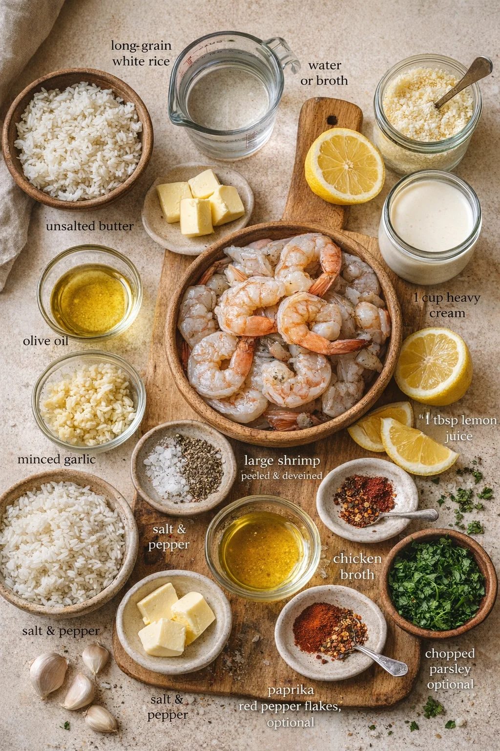 Top-down view of shrimp in a wooden bowl, surrounded by labeled ingredients like rice, lemon, butter, and spices.
