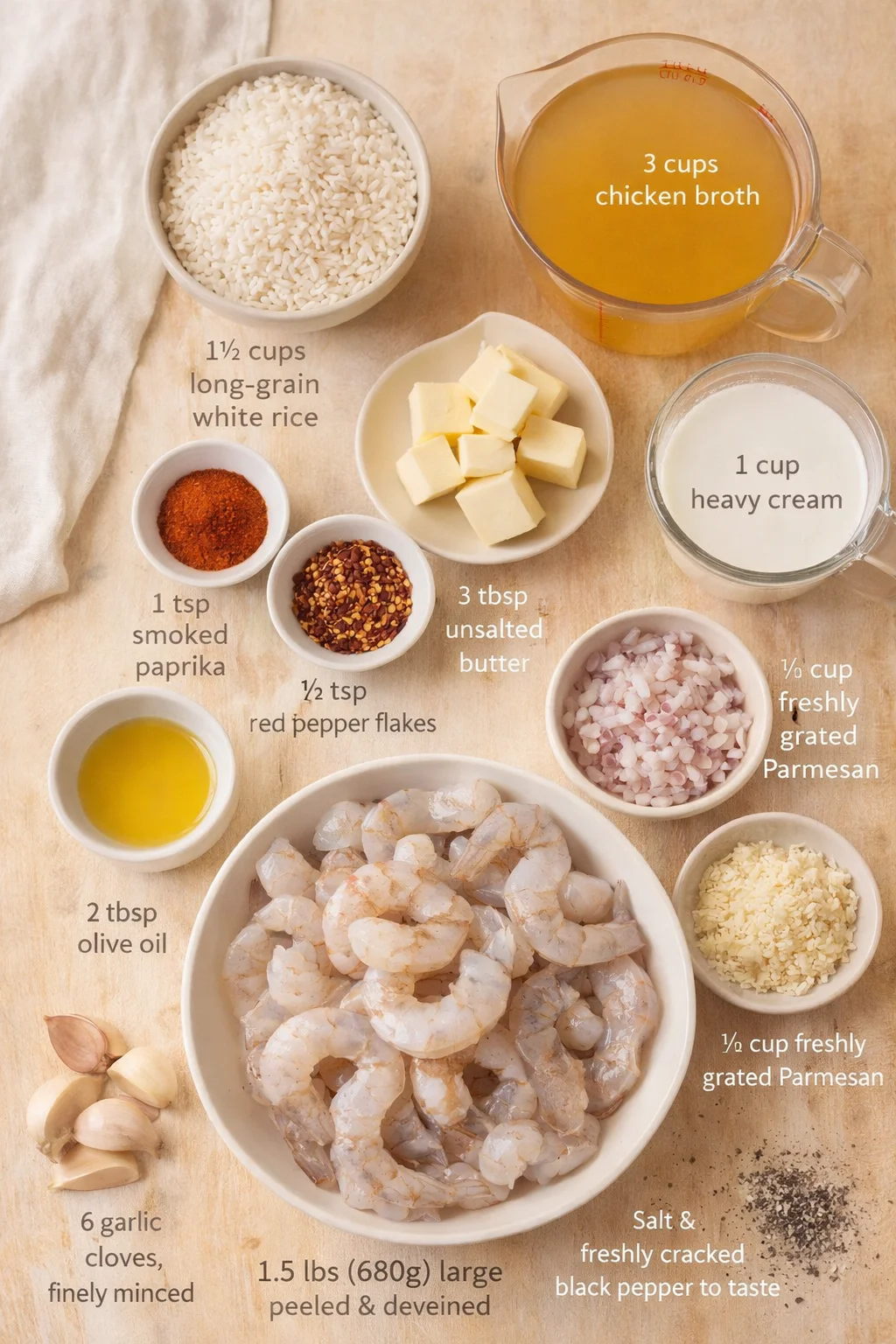 top-down view of shrimp and ingredients arranged on a wooden surface for recipe