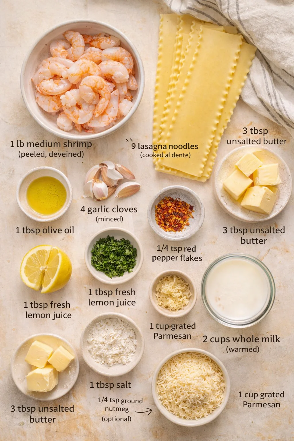overhead view of shrimp, noodles, butter, and other ingredients laid out for a recipe with labeled amounts