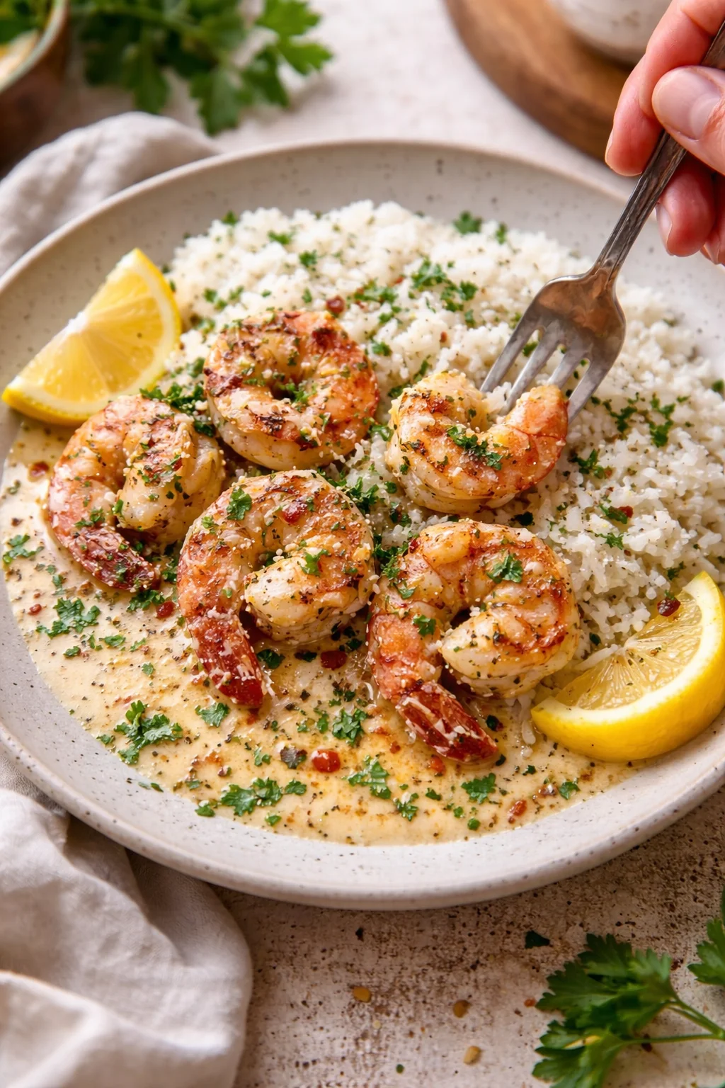 Shrimp on creamy sauce over rice with parsley and lemon wedges on a speckled plate.