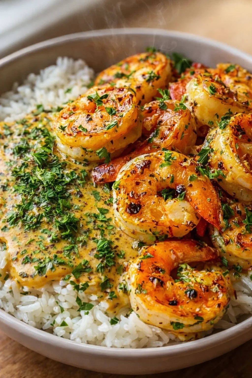 golden shrimp in creamy herb sauce over white rice in a metal bowl