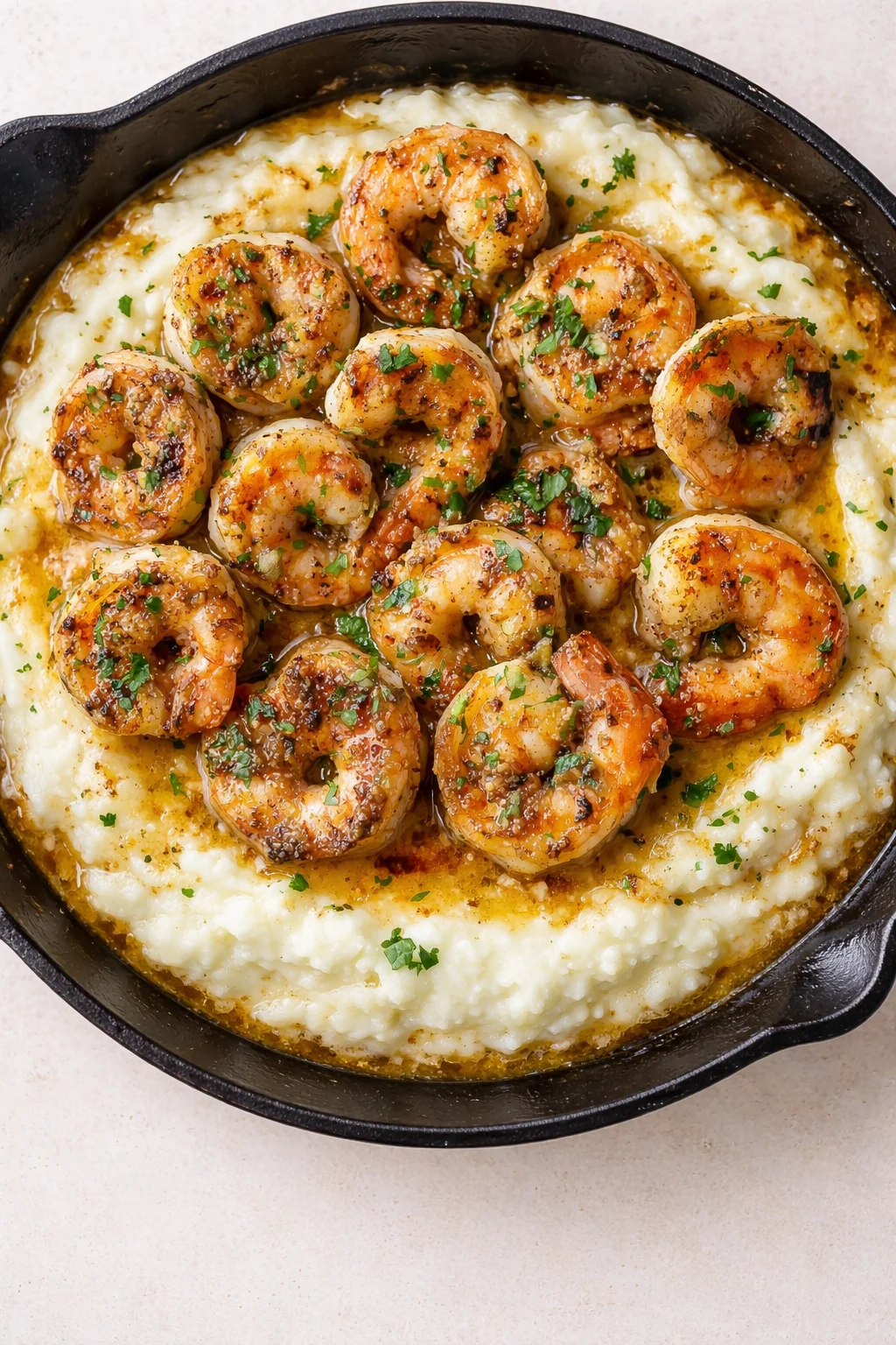 Cast-iron skillet with creamy mashed potatoes topped with caramelized shrimp and parsley.