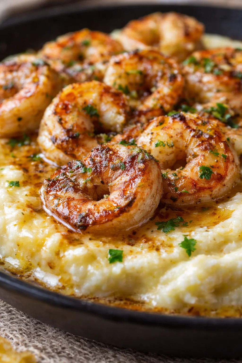 close-up of golden-brown shrimp curled on creamy polenta in a black skillet, garnished with parsley