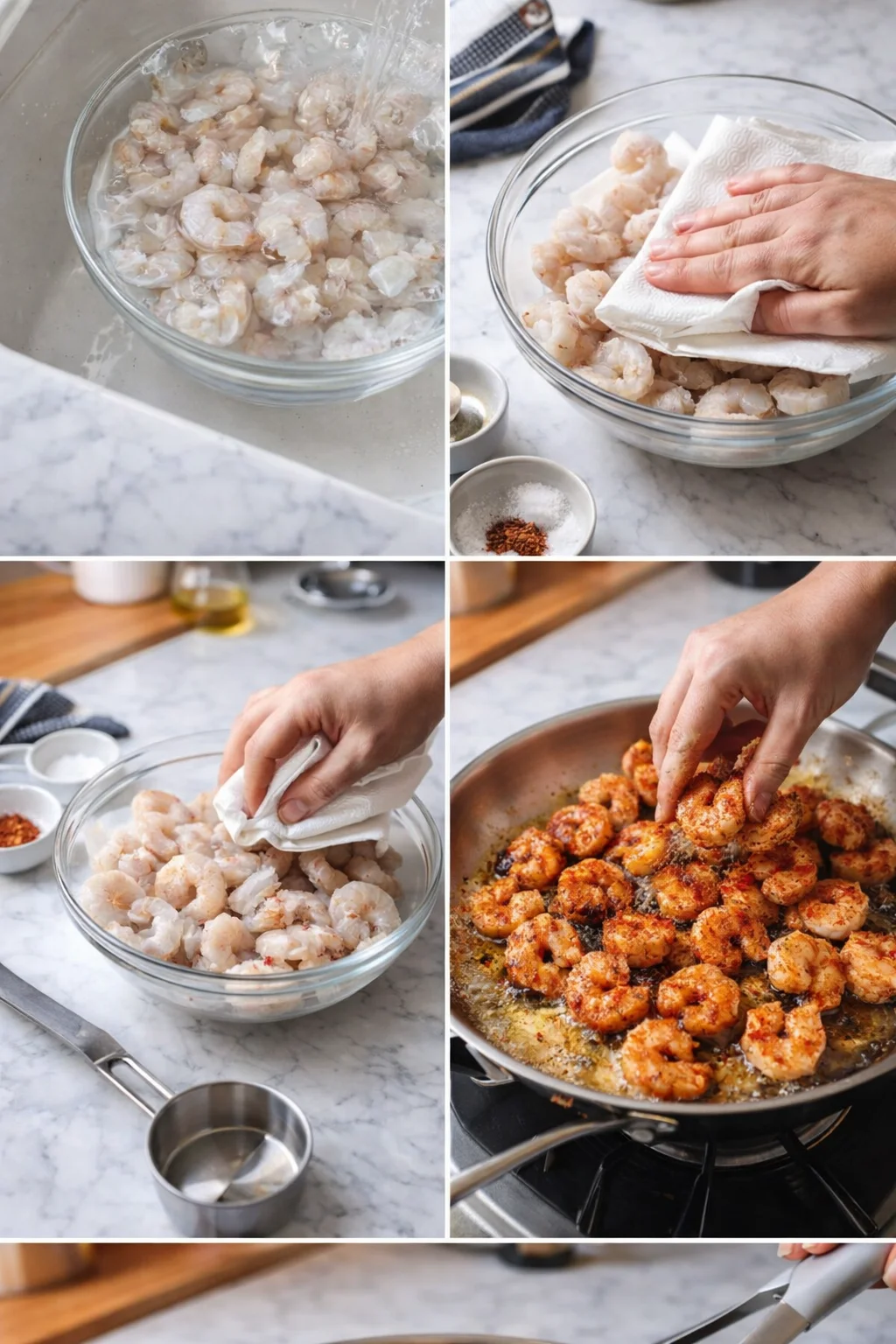 Collage showing shrimp being rinsed, dried with a towel, and sautéed in a skillet.