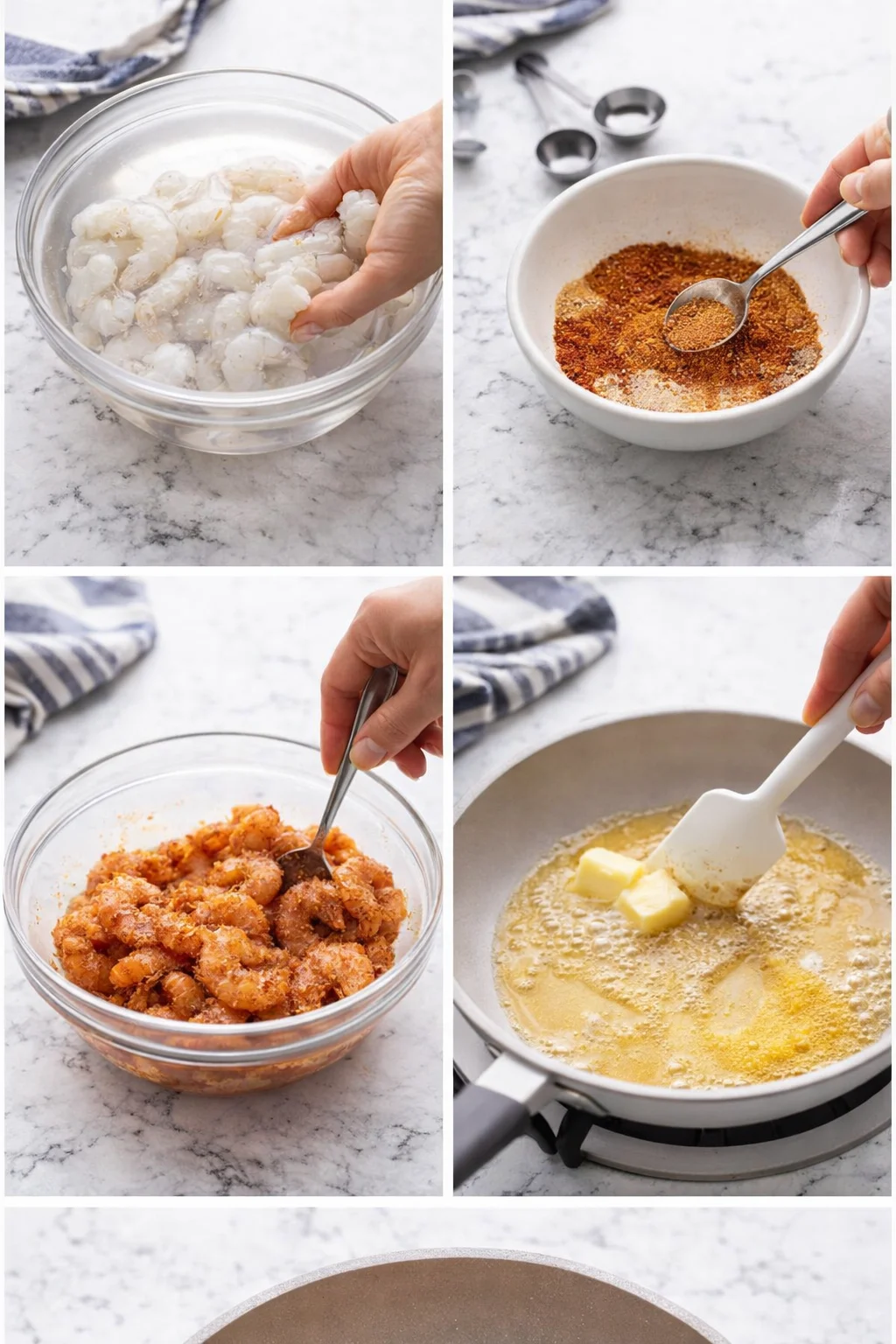 Collage showing shrimp thawing, spice mix, marinating shrimp, and butter cooking in a skillet.