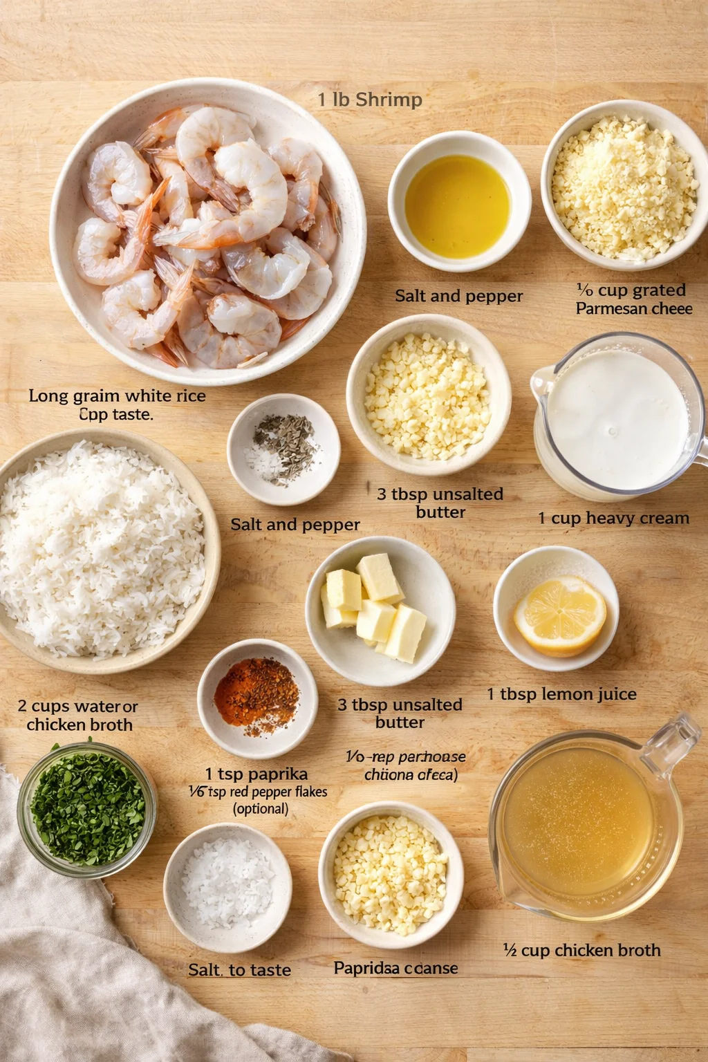 Top-down view of shrimp and ingredients arranged on a wooden board for a recipe.
