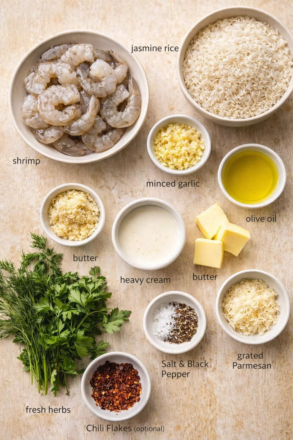 Overhead view of shrimp, rice, and labeled ingredients arranged on a wooden board.