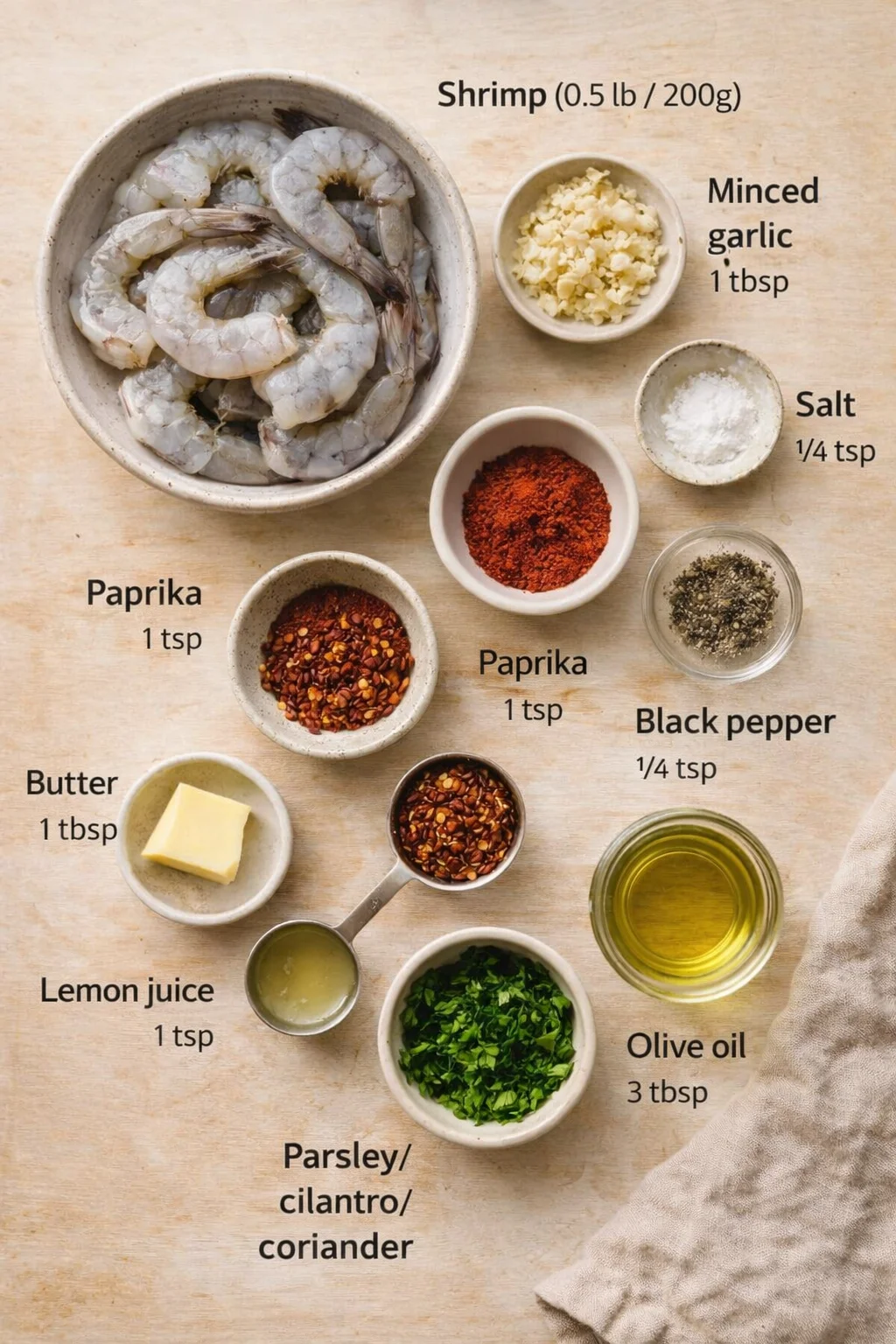 Shrimp and bowls of garlic, butter, oil, salt, lemon juice, and herbs arranged on a wooden board.