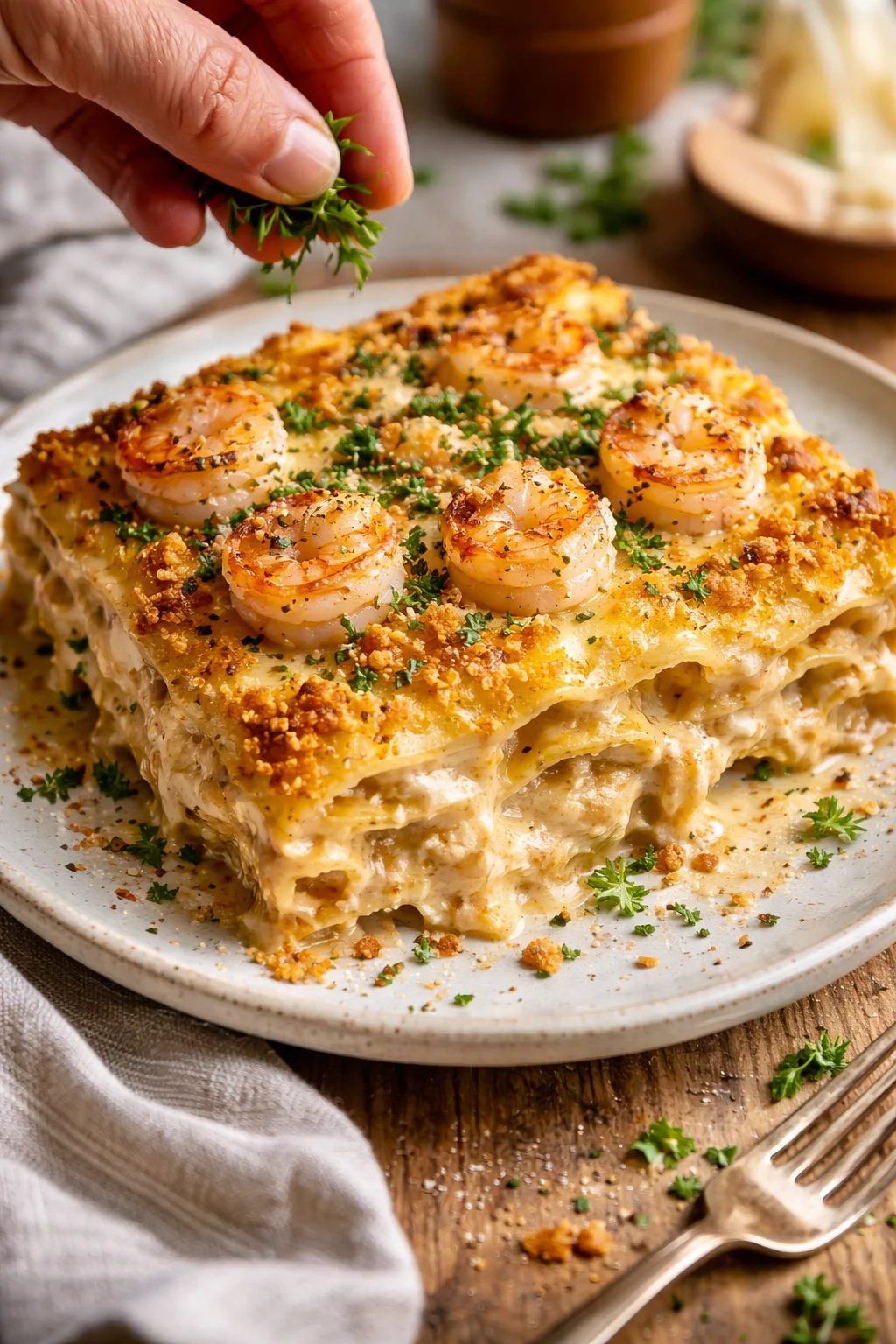 creamy lasagna with shrimp on top, golden breadcrumb crust, parsley garnish