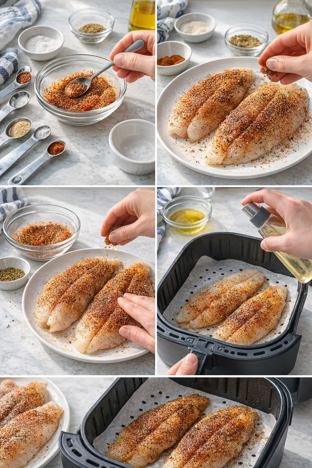 collage showing hands rubbing paprika-based spice mix on white fish fillets, with spice bowls and an air fryer