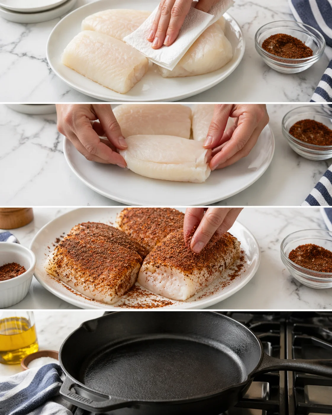 four-panel collage of fish fillets being dried, seasoned, and prepared for pan-searing.