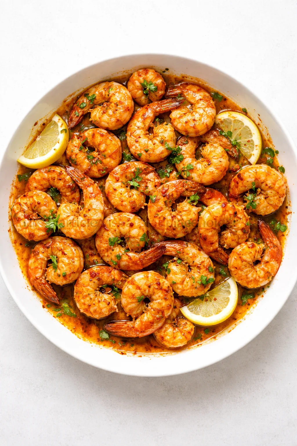 Bright shrimp in a spicy sauce garnished with parsley and lemon wedges in a white bowl.