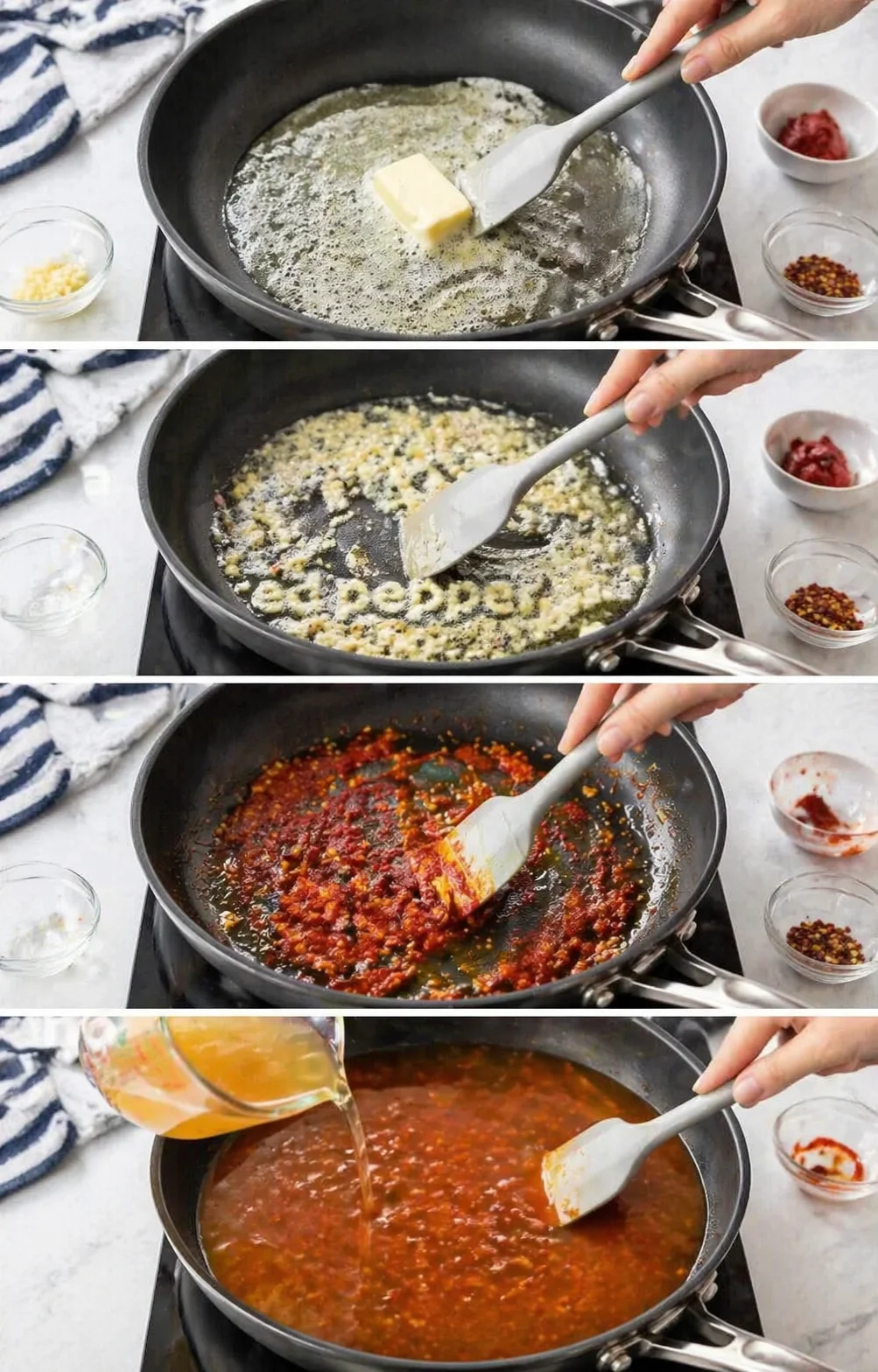 four-panel collage of a skillet with butter, aromatics, chili paste, and tomato sauce being cooked.
