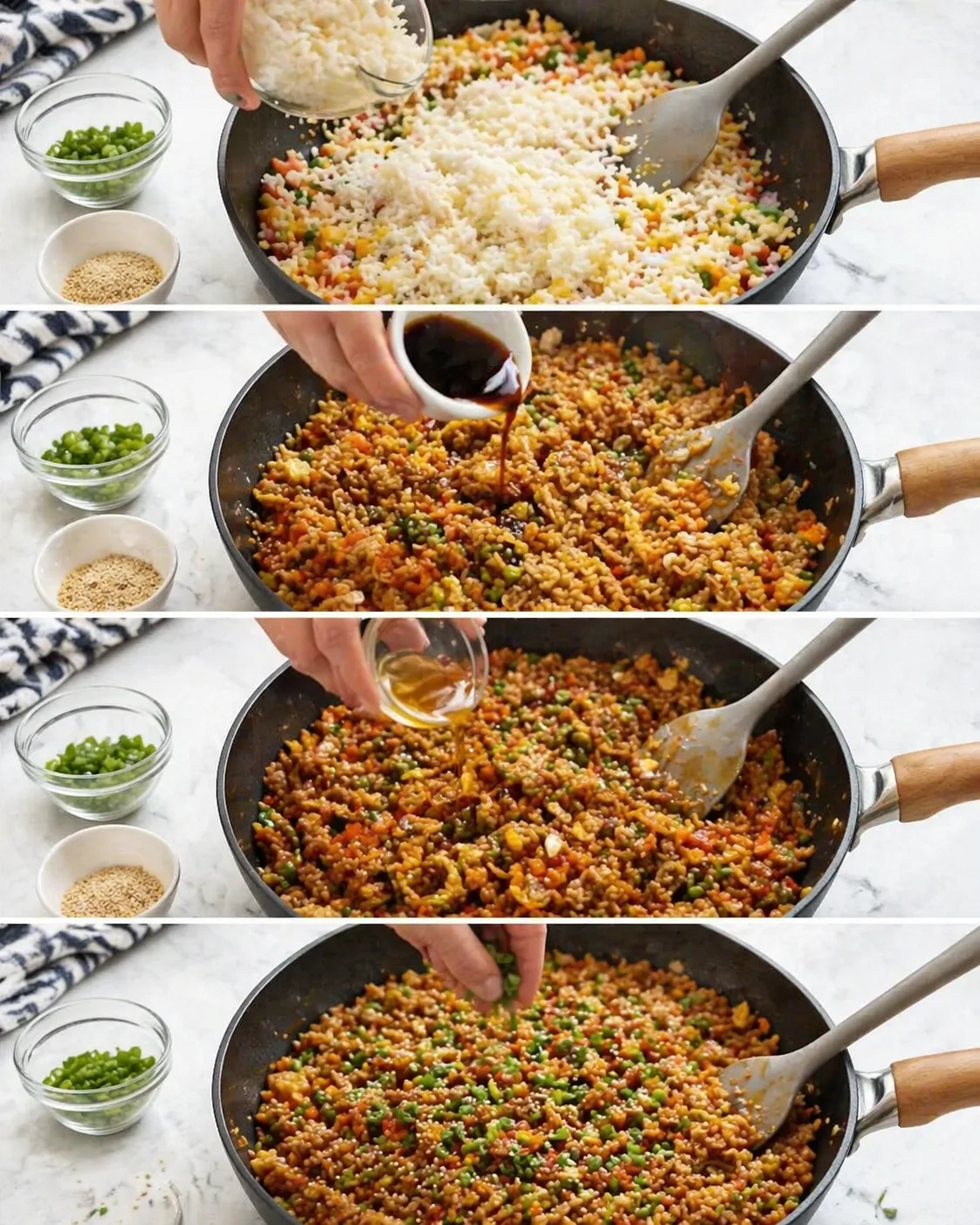 Four-panel sequence showing fried rice being prepared in a skillet with colorful vegetables, soy sauce, and green onions.